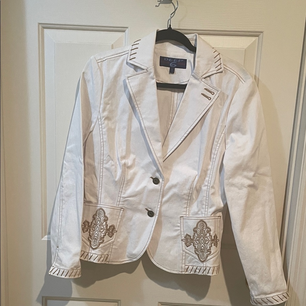 White Denim Embroidered Women's Jacket